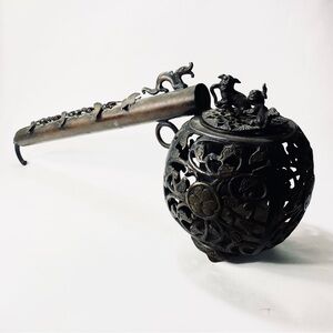 Foo Dogs Vine Ornate Long Handled Japanese Bronze Yatate Calligraphy Ink Holder
